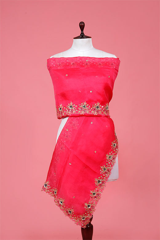Pink Zardozi Embroidered Organza Silk Dupatta By Chinaya Banaras