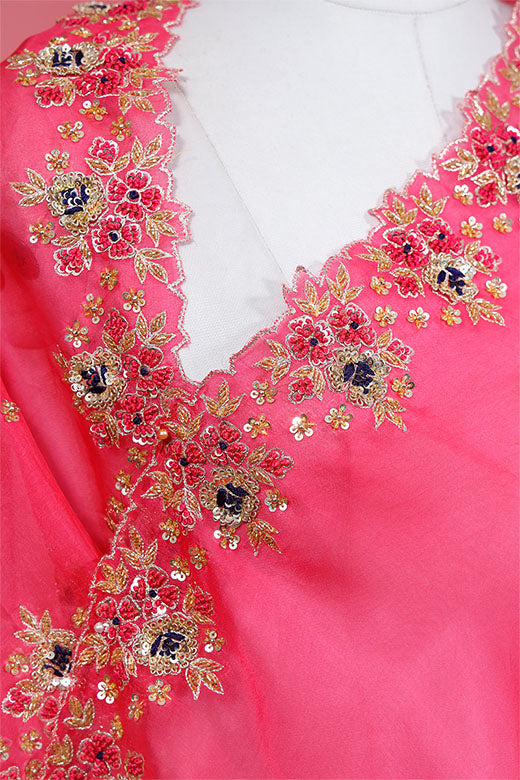 Crimson Pink Zardozi Embroidered Organza Silk Dupatta
