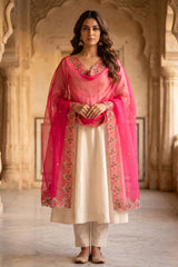 Crimson Pink Zardozi Embroidered Organza Silk Dupatta