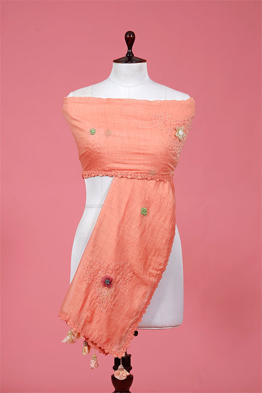 Peach Hand Embroidered Soot Cotton Dupatta By Chinaya Banaras