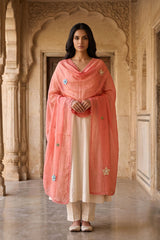 Peach Hand Embroidered Soot Cotton Dupatta
