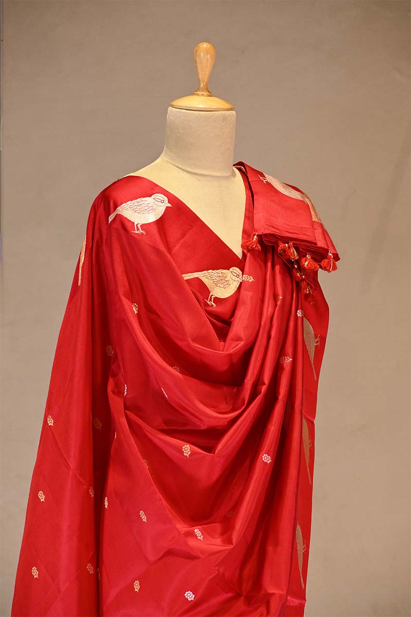 Red Banarasi Silk Dupatta with Zari Birds Motifs