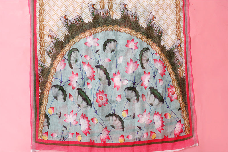 Beige Linen Dupatta with Digital Printed Pichwai Motifs
