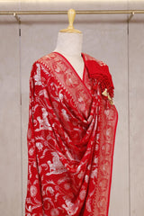 Red Handloom Chiniya Silk Dupatta with Gold Zari Floral Jaal