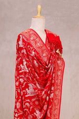 Red Handloom Chiniya Silk Dupatta with Gold Zari Floral Jaal