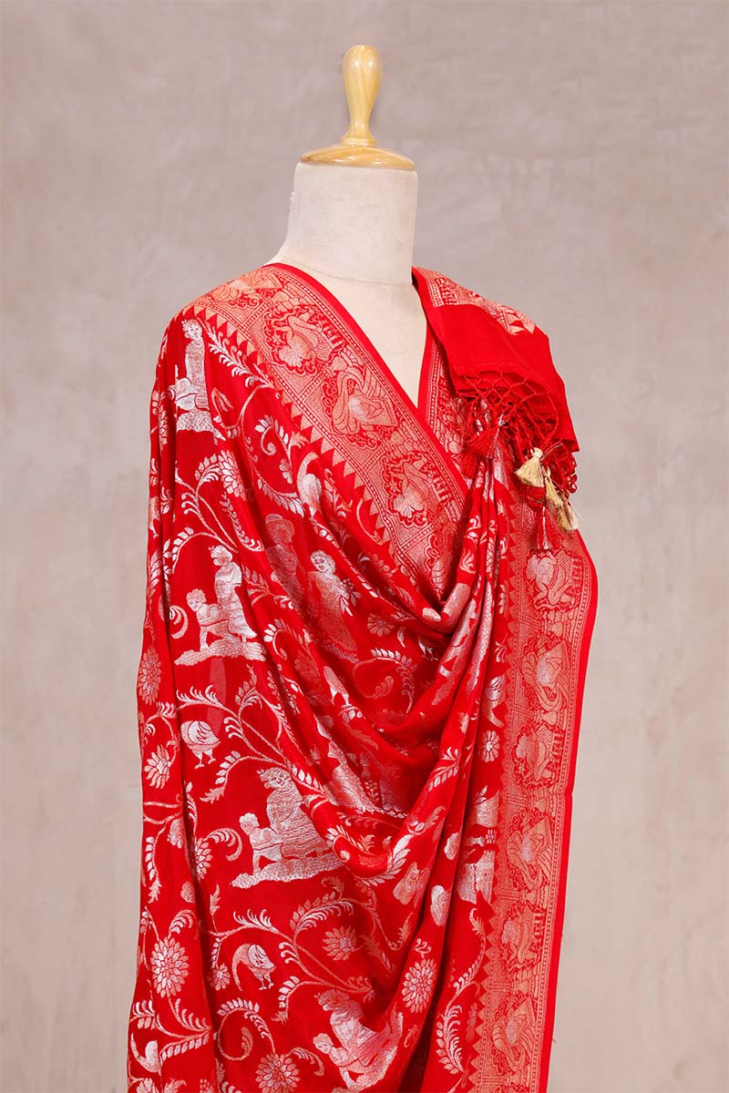 Red Handloom Chiniya Silk Dupatta with Gold Zari Floral Jaal