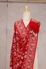 Red Handloom Chiniya Silk Dupatta with Gold Zari Floral Jaal