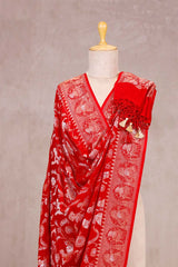 Red Handloom Chiniya Silk Dupatta with Gold Zari Floral Jaal