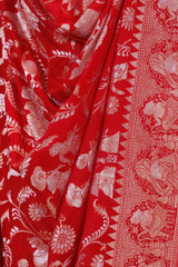 Red Handloom Chiniya Silk Dupatta with Gold Zari Floral Jaal