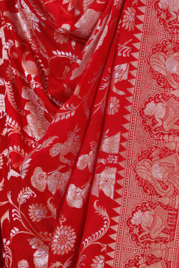 Red Handloom Chiniya Silk Dupatta with Gold Zari Floral Jaal