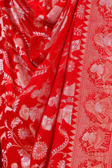 Red Handloom Chiniya Silk Dupatta with Gold Zari Floral Jaal