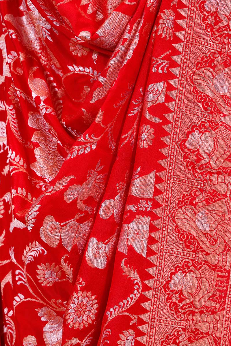 Red Handloom Chiniya Silk Dupatta with Gold Zari Floral Jaal