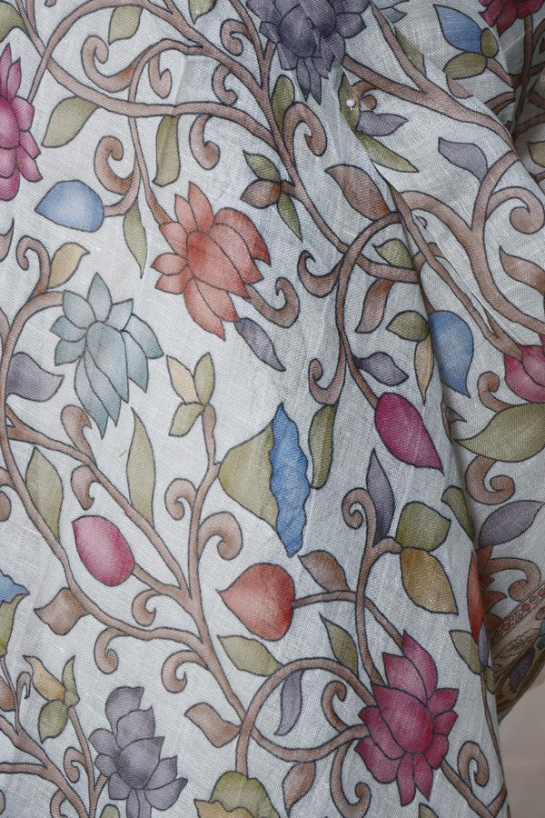 Steel Blue Linen Dupatta with Digital Kalamkari Floral Jaal Prints