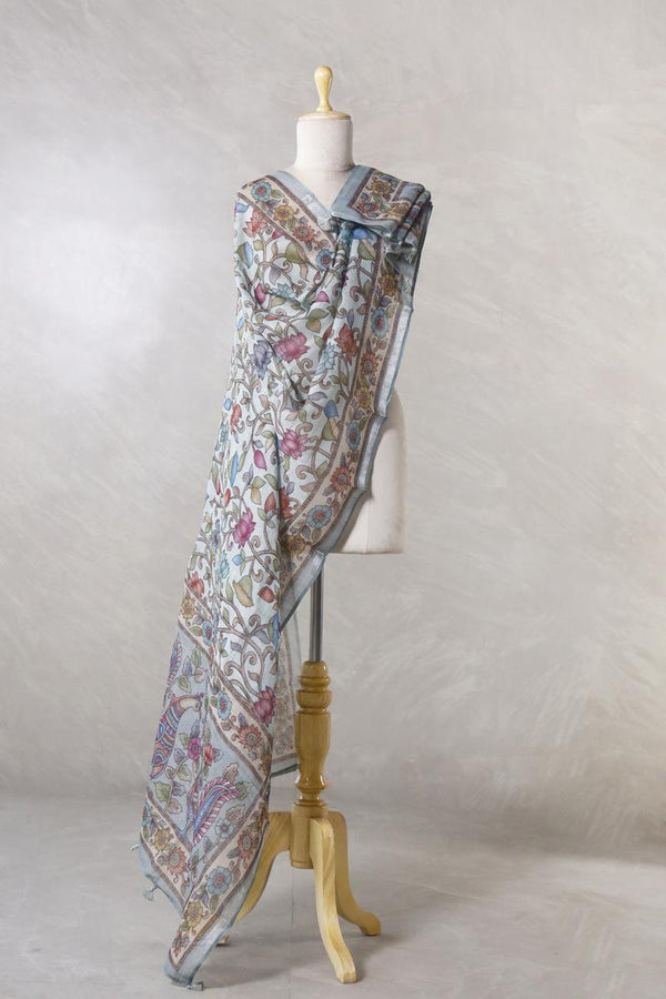 Linen Dupatta, steel blue dupatta, pure linen dupatta, linen printed dupatta