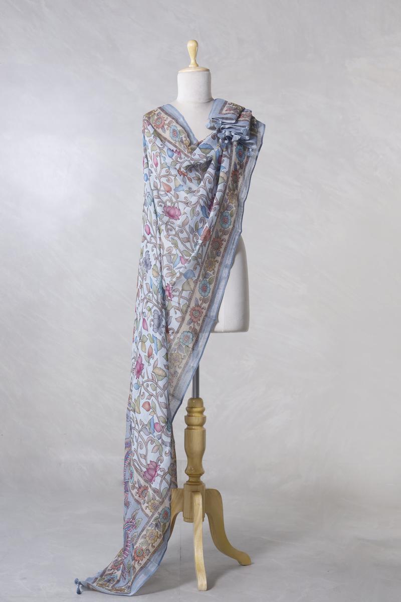 Linen Dupatta, steel blue dupatta, pure linen dupatta, linen printed dupatta