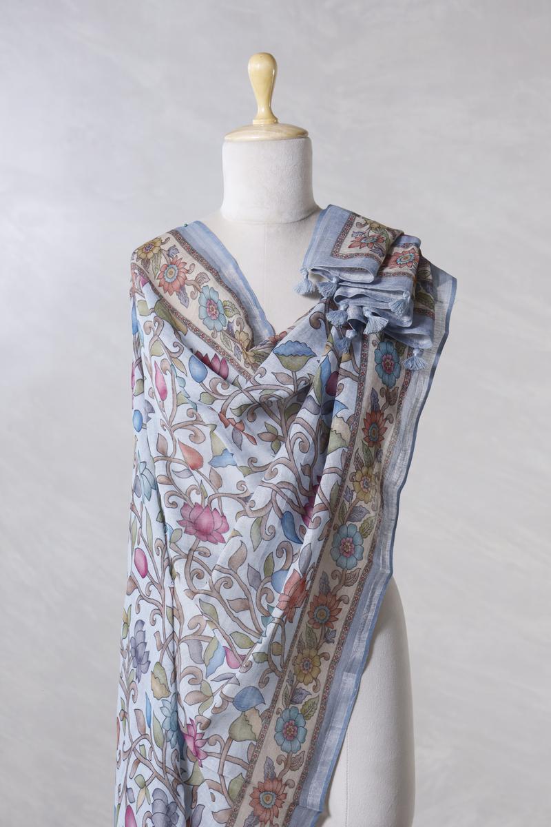 Steel Blue Linen Dupatta with Digital Kalamkari Floral Jaal Prints