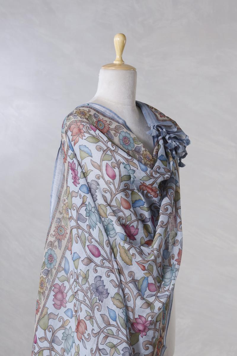 Steel Blue Linen Dupatta with Digital Kalamkari Floral Jaal Prints