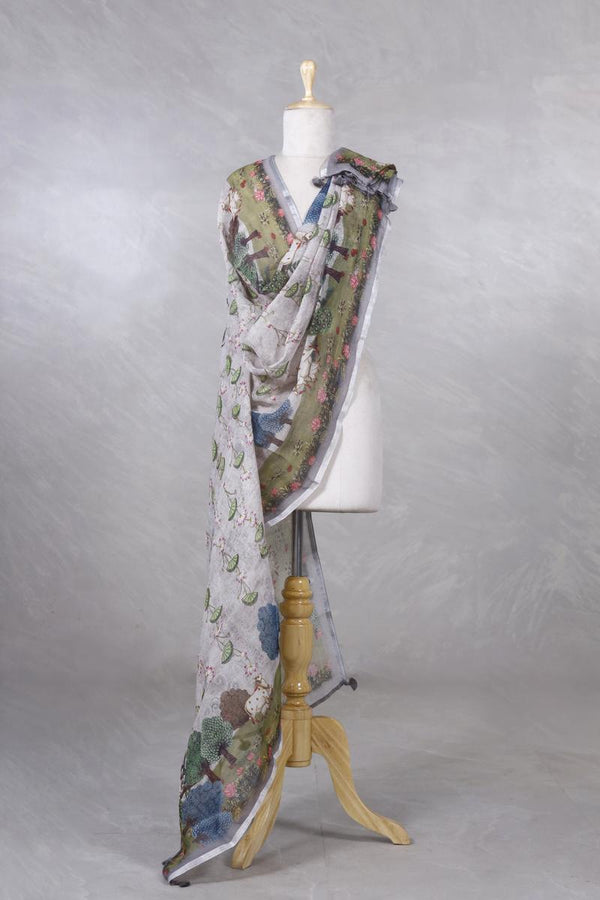 Dupatta, grey Dupatta​, Pichwai Dupatta, Dupatta for women, Printed Dupatta, Linen Dupatta​
