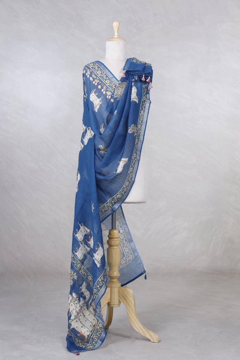 Linen Dupatta, blue dupatta, pure linen dupatta, linen printed dupatta