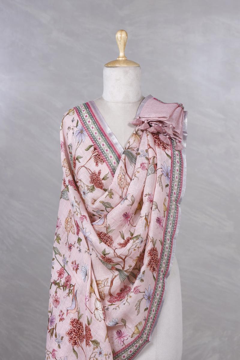 Pink Pure Linen Dupatta with Floral & Bird Digital Print