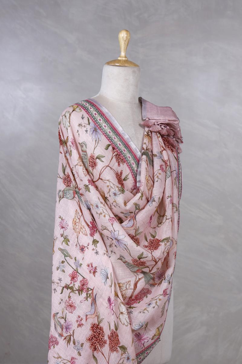 Pink Pure Linen Dupatta with Floral & Bird Digital Print