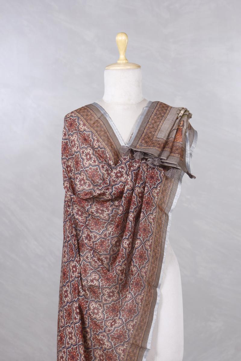 Brown Pure Linen Dupatta with Ajrakh and Pichwai Prints