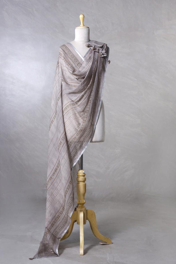 Ash Grey Linen Dupatta with Traditional Printed Pallu