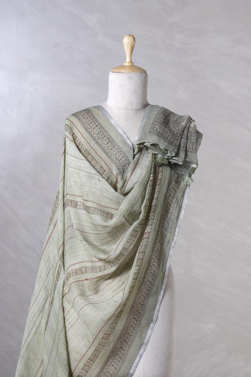 Sage Green  Linen Dupatta with Traditional Printed Pallu