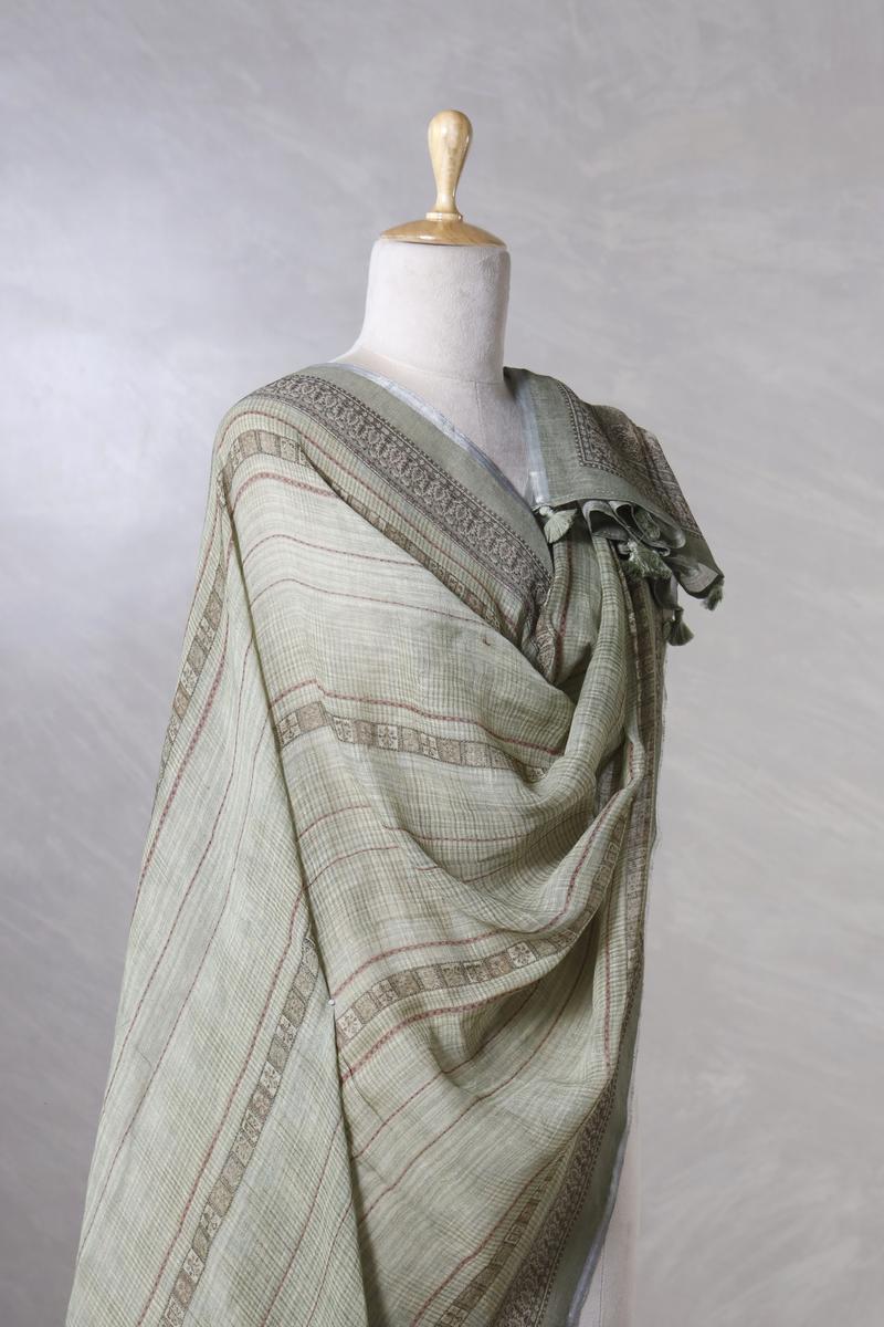 Sage Green  Linen Dupatta with Traditional Printed Pallu