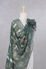 Bottle Green Linen Dupatta with Baluchari-Shikargah Prints