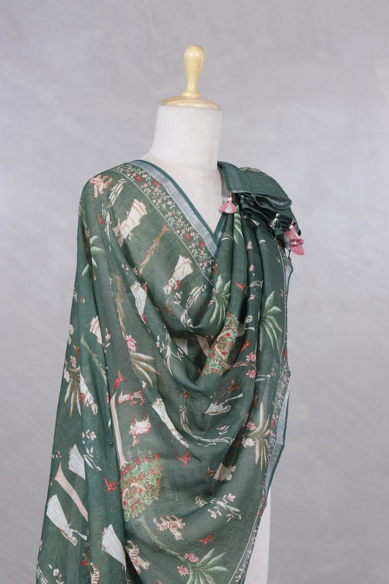 Bottle Green Linen Dupatta with Baluchari-Shikargah Prints