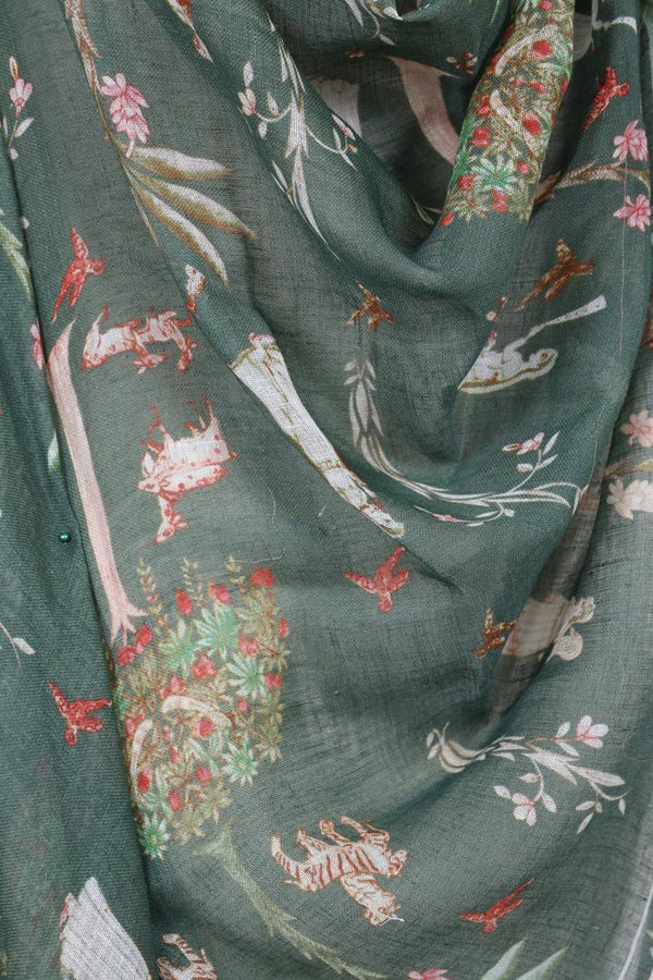 Bottle Green Linen Dupatta with Baluchari-Shikargah Prints