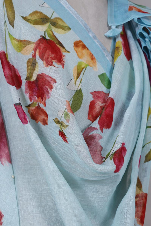 Sky Blue Pure Linen Dupatta with Pichwai Lotus Prints