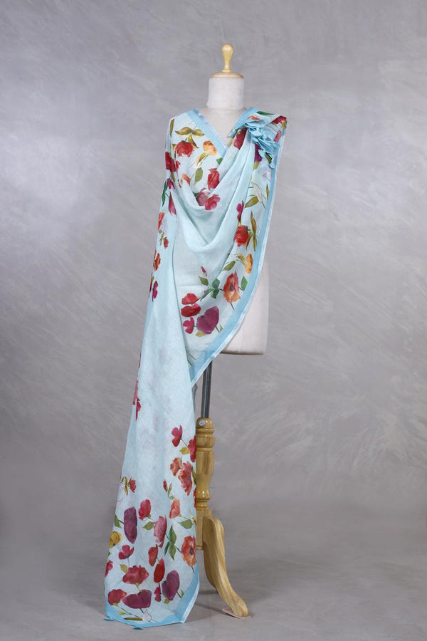 Linen Dupatta, Sky Blue dupatta, pure linen dupatta, linen printed dupatta