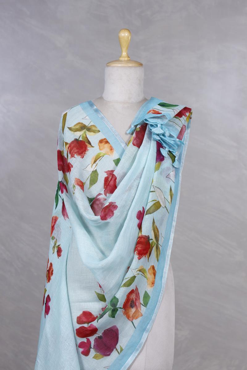 Sky Blue Pure Linen Dupatta with Pichwai Lotus Prints