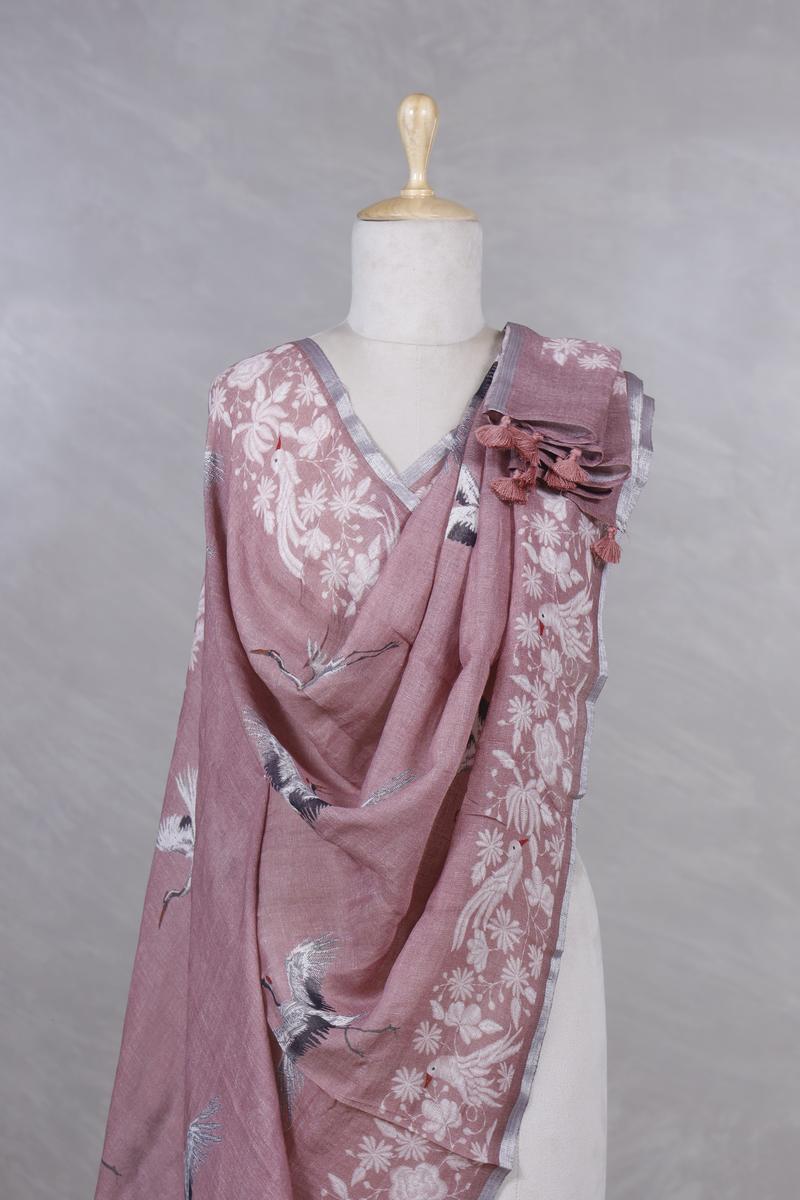 Pink Pure Linen Dupatta with Bird Motifs