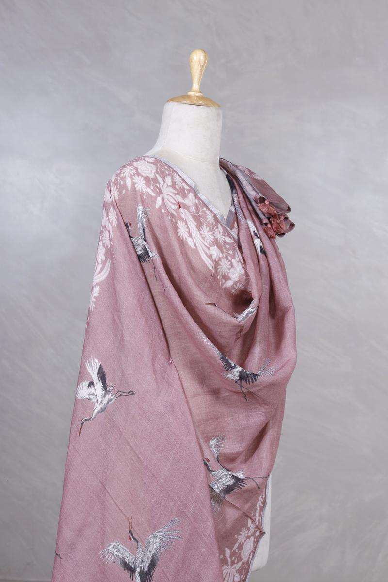 Pink Pure Linen Dupatta with Bird Motifs