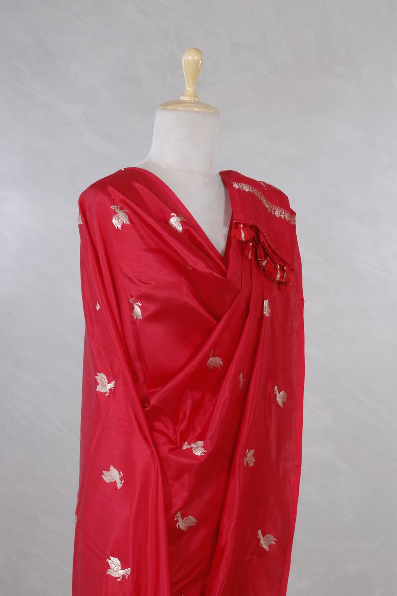 Vermillion Red Banarasi Silk Dupatta with Bird Motifs