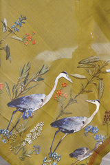 Olive Green Chanderi Silk Dupatta with Egret Bird and Floral Prints