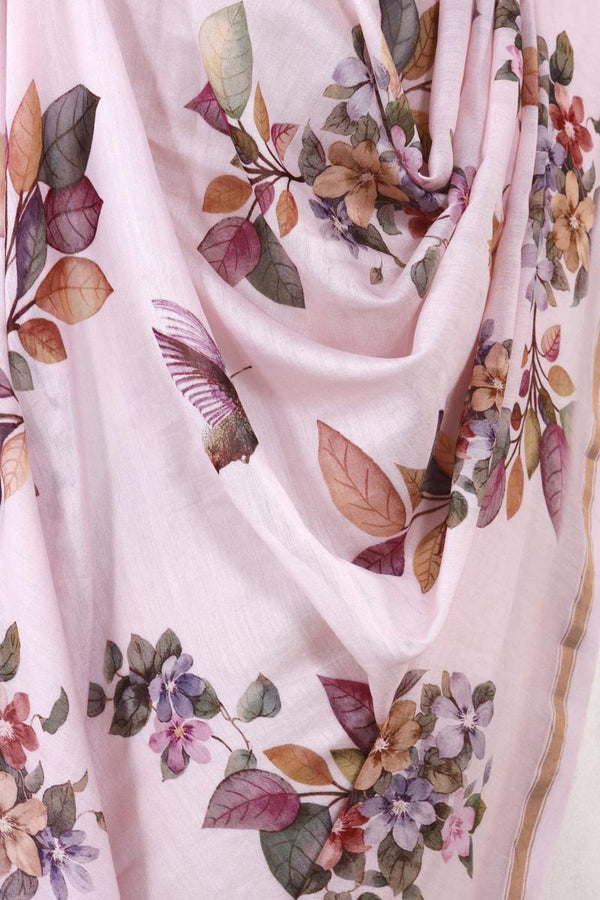 Pink Linen Dupatta with Floral and Kingfisher Bird Prints
