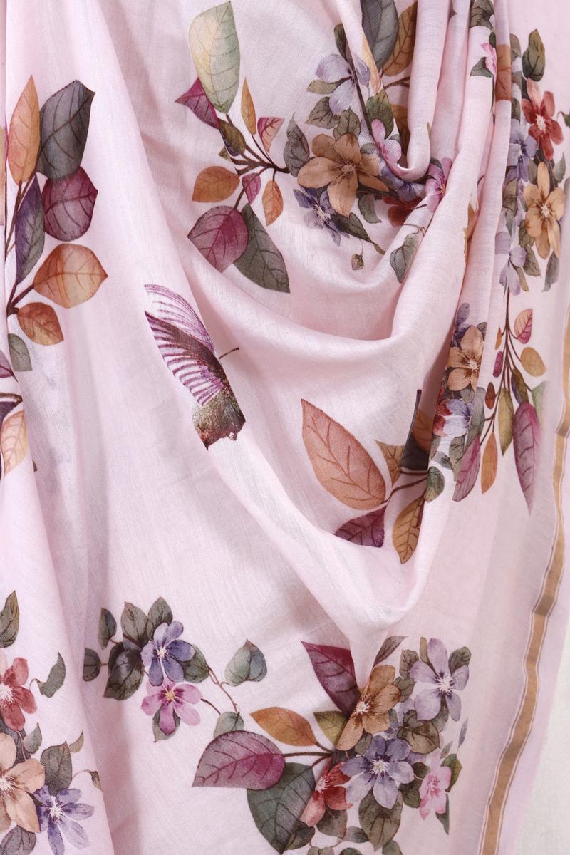 Pink Linen Dupatta with Floral and Kingfisher Bird Prints