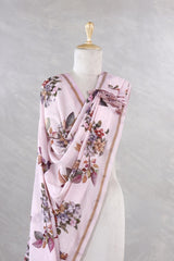 Pink Linen Dupatta with Floral and Kingfisher Bird Prints