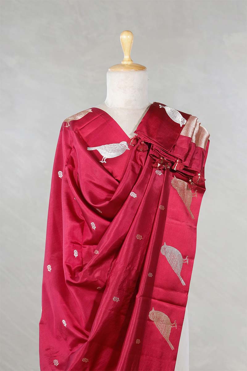 Maroon Banarasi Silk Dupatta with Zari Birds Motifs
