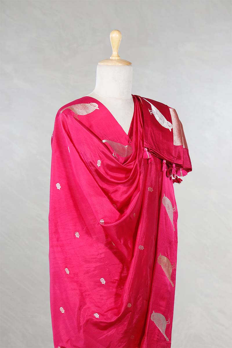 Pink Banarasi Silk Dupatta with Zari Birds Motifs