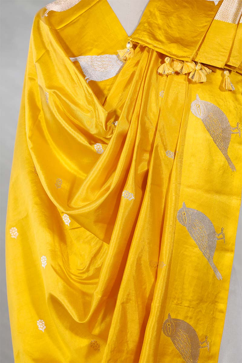 Yellow Banarasi Silk Dupatta with Zari Birds Motifs