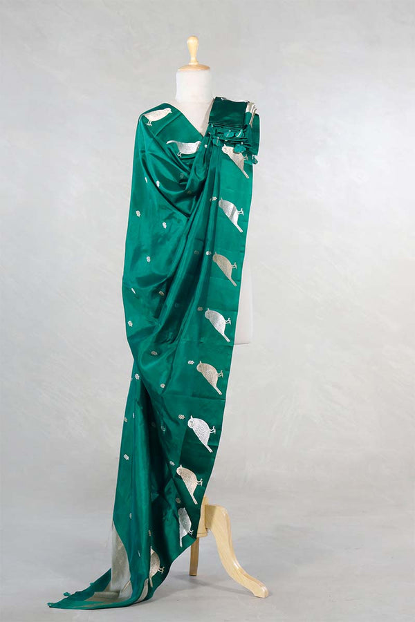 Sapphire Green Banarasi Silk Dupatta with Zari Birds Motifs