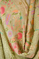 Banarasi Khaddi Dupatta in Sage Green with Bandhej and Meenakari Bird Motifs
