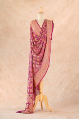 Dummy wearing magenta pink Georgette Dupatta showing gold zari woven checks, Bandhani tie-dye texture, and intricate Meenakari floral pallu.