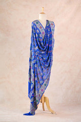 Royal Blue Georgette Dupatta showing gold zari woven geometric pattern, Bandhani tie-dye texture, and intricate Meenakari detailing on the pallu.