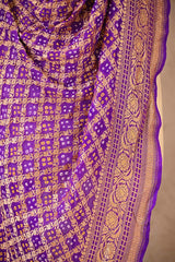 Magenta Georgette Bandhani Dupatta with Gold Zari Criss-Cross